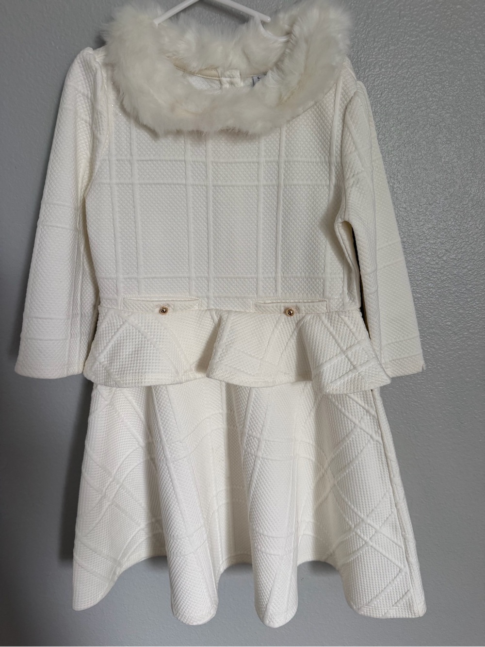 Janie and Jack Ivory Textured Peplum Dress with Faux Fur Collar - 7